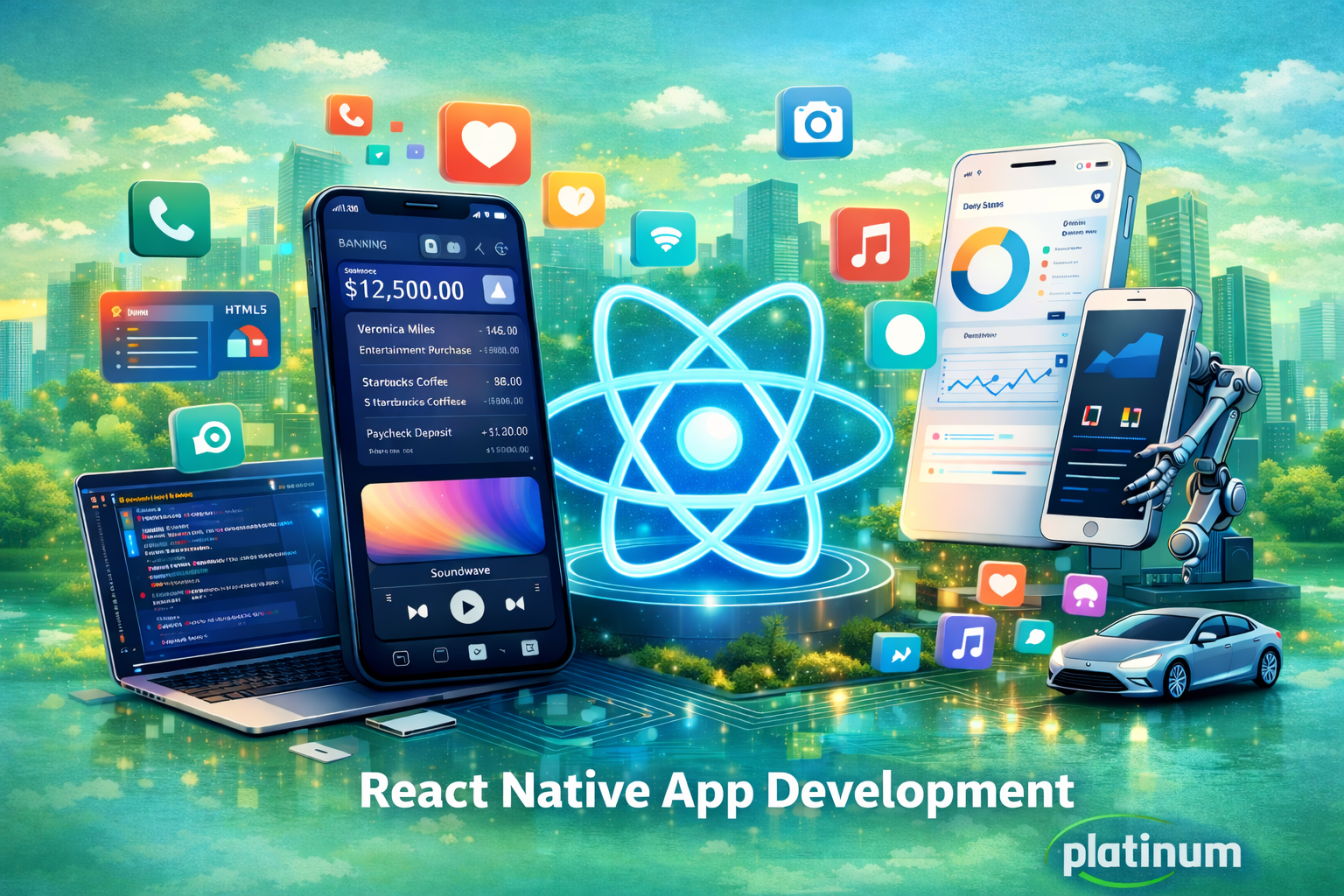 Illustrative React Native cross-platform app visuals.
