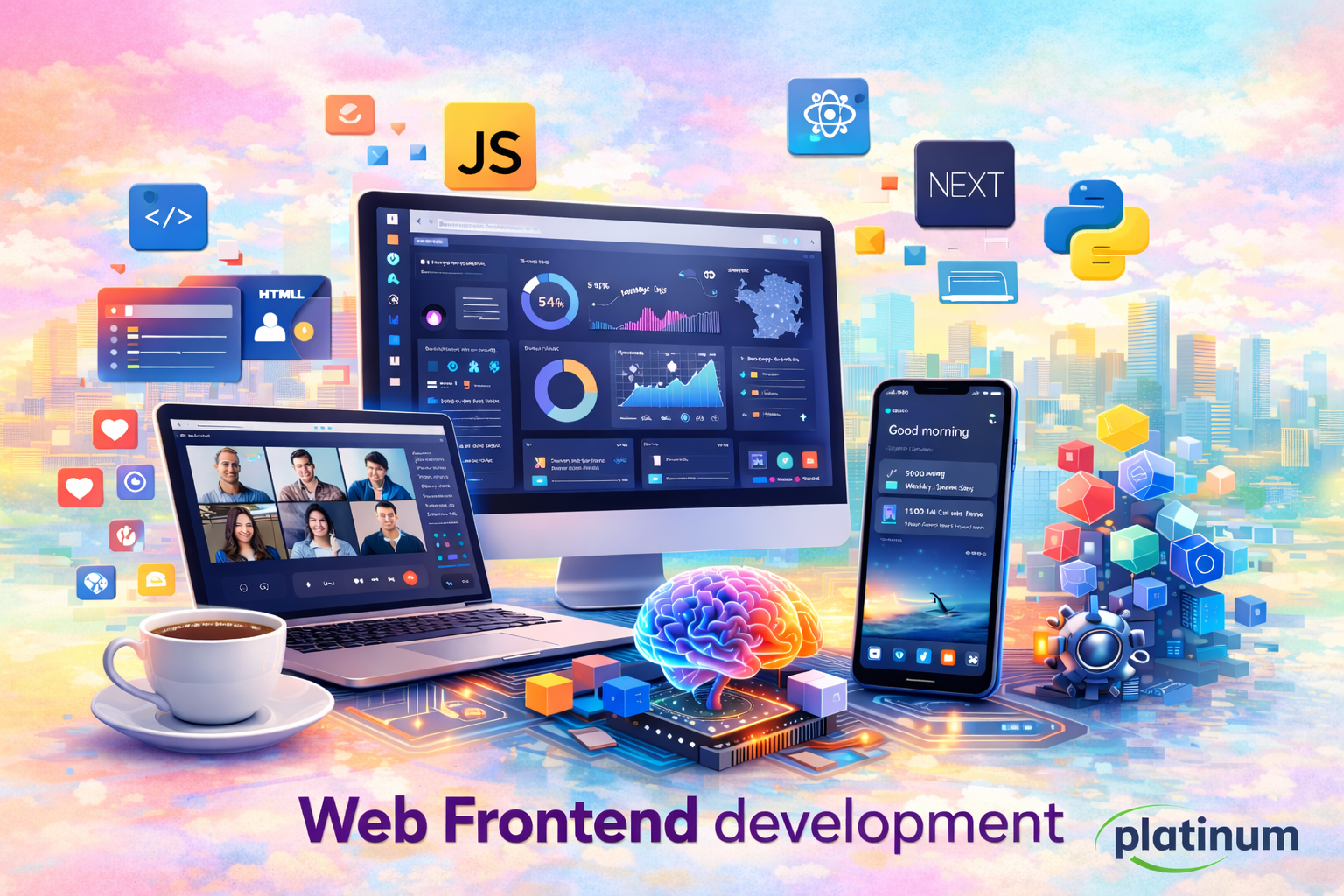 Illustrative web frontend imagery with UI screens.